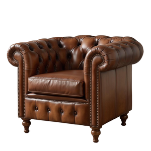 Fauteuil d'appoint en cuir marron de style vintage avec pieds en bois, canapé simple de style mid-century pour la décoration du salon - Product Image 2