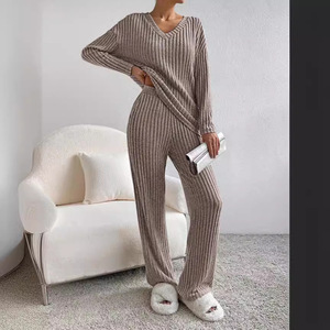 Long Sleeves <b>High</b> Quality Hot Sale Solid Color Women's Sleepwear in Set Outside - Product Image 3