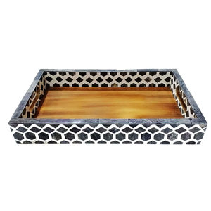Luxury <b>Black</b> White Bone Inlay Serving Tray | Handmade Rectangular Decorative Organizer | Premium Display Tray Home Hotel Decor - Product Image 3