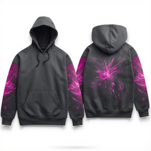 Luxury Slate <b>Grey</b> Heavy Cotton Pullover <b>Hoodie</b> with Magenta Plasma Abstract Artwork Premium Oversized Fashion Clothing - Product Image 3