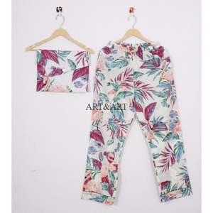 ชุดนอนอินเดียผ้าฝ้ายพิมพ์ลายบล็อก 100% ชุดเพื่อนเจ้าสาวผ้าฝ้ายพิมพ์ลายดอกไม้และเสื้อเชิ้ต ชุดนอนผ้าฝ้ายแท้ 100% ทำมือในอินเดีย - Product Image 3