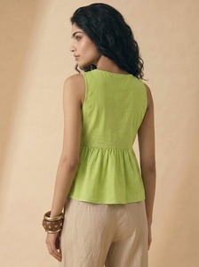 European American Sleeveless V-Neck Breathable Solid Color Crush Design Chest-Twist Pleated Waist-Cinching Tank Top - Product Image 2