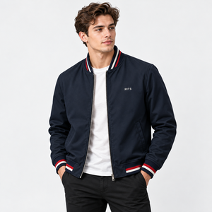 Chaqueta bomber azul marino para hombre con cierre de cremallera, cuello alto, a prueba de viento, estilo deportivo, tipo béisbol, para otoño. - Product Image 2