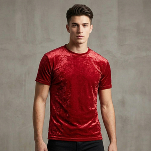 Men's Red Velour T-Shirt Short Sleeve O-Neck Regular Fit Velour Tee Shirt Men Casual Wear Velvet TShirts Mens - Product Image 1