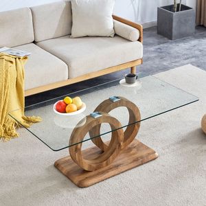 Tavolino da Caffè Moderno con Piano in Vetro e Base in Legno Naturale in MDF per Soggiorni e Zone Relax - Product Image 2