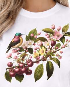 T-shirt personnalisé blanc pour femme avec motif floral cerisier et oiseau, en coton doux, à manches courtes, décontracté, imprimé floral vintage, idéal pour l'été - Product Image 5