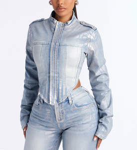 Women's Light Blue <b>Denim</b> <b>Jacket</b> Cut-Out Detail Zipper Front Casual Autumn Winter Vintage Style 100% Cotton <b>Custom</b> <b>Denim</b> <b>Jackets</b> - Product Image 1