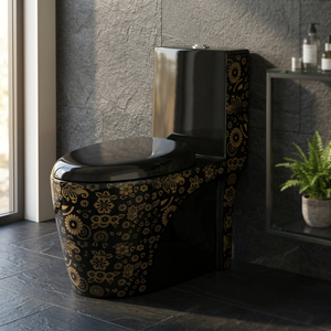 WC monobloc en céramique noir doré de luxe avec chasse d'eau siphonique pour la décoration de salle de bain d'hôtel de style arabe - Product Image 5