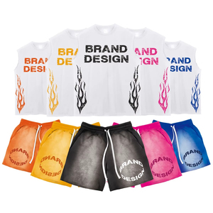 Custom Men Y2K Sleeveless Graphic T <b>Shirt</b> Shorts Set Oversized <b>Flame</b> Print Tank Top Gradient Streetwear Casual Two Piece Outfit - Product Image 3