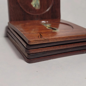 Handmade Wooden <b>Coaster</b> <b>Set</b> With Elegant Mother Of Pearl Inlay Statue Design Durable, Rustic Charm For Home & Bar Decoration - Product Image 3