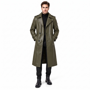 Abrigo Largo de Cuero Genuino para Hombre al por Mayor, Gabardina Vintage de Piel de Vacuno, Abrigo Largo de Cuero para Hombre con Cuello Vuelto - Product Image 2