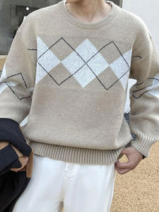 Geometric Pattern Argyle Pullovers Jumper Spring Autumn Loose O-Neck <b>Knitted</b> Sweaters Casual Plus Size <b>Men's</b> Sweaters - Product Image 5