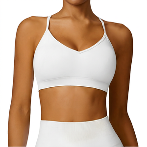 Soutien-gorge de sport pour femme jaune à col en V, maintien moyen, couleur unie, extensible, idéal pour le yoga et l'entraînement - Product Image 4