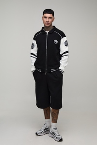Men's Black White Varsity Jacket Turn-down Collar <b>Covered</b> <b>Button</b> Windproof Embroidered Polyester/Cotton Streetwear Regular Fit - Product Image 4