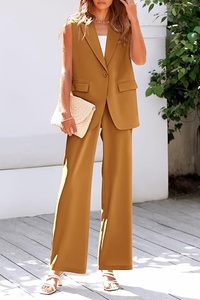 Women's Sleeveless <b>Blazer</b> <b>Set</b> Solid Color Crepe Fabric Two Piece Suit Casual Spring Summer Notched Collar Regular Fit - Product Image 5