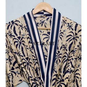 Kimono Elegante para Mujer, 100% Algodón, Estampado a Mano, con Diseño Floral, para Usar como Bata de Baño, Ropa de Dormir, Traje, Traje de Baño o Vestido de Fiesta para Primavera - Product Image 4
