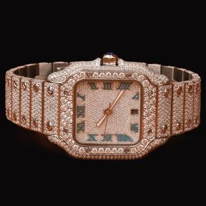 Reloj de Lujo Hecho a Mano con Movimiento de Cuarzo, Esfera Cuadrada con Números Romanos Totalmente Adornada con Diamantes de Moissanita, Estilo Hip Hop - Product Image 1