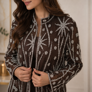 Elegant Embroidered Georgette Long Sleeve Abaya <b>Women</b> | Heavy Sequin Floral Embroidery Open Front Stand <b>Collar</b> Party Wear Maxi - Product Image 2
