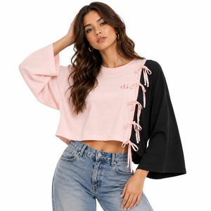 Camisa de mujer Chic Color Block con lazo, top corto rosa y negro, de algodón personalizado, manga larga ancha, ajuste holgado, estilo casual, para boutique. - Product Image 5