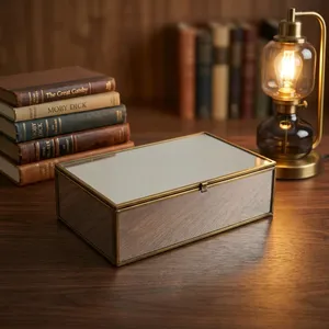 ARTISAN DESIGN Rectangular <b>Glass</b> <b>Jewelry</b> <b>Box</b> with Brass Frame Mirror Surface Storage Organizer Decorative Display Case - Product Image 3
