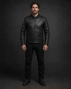 Chaqueta de motociclista de cuero negro para hombre con calavera Will en la espalda - Product Image 1