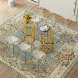 Tavolo da Pranzo Ovale di Lusso in Vetro Temperato da 71 Pollici con Doppia Colonna Dorata e 8 Sedie Trasparenti - Elegante Set per Sala da Pranzo - Product Image 1