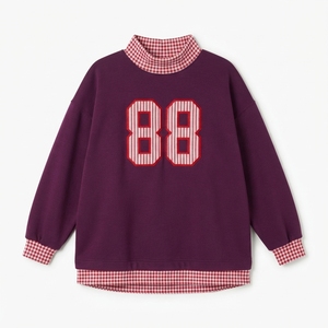 Sudadera Oversize de Cuello Redondo para Mujer, Color Rosa, Número 79, con Ribete a Cuadros, Manga Larga, Estilo Casual, con Logotipo Personalizado - Product Image 3