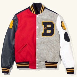 <b>Men's</b> Varsity <b>Jacket</b> Red Gray <b>Leather</b> Sleeve Embroidered B Letter Patch Casual Windproof Preppy Style Collarless Autumn Wear - Product Image 6