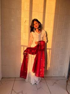 Women White <b>Kurti</b> Sharara Set with Red Dupatta – Elegant Embroidered Festive Wear Palazzo Suit for Wedding & Party - Product Image 2