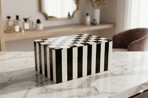 Luxury Black & White Checkered Resin Storage <b>Box</b> with Striped Base – Decorative Tabletop Organizer - Product Image 5