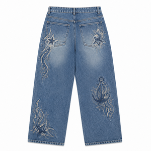 Women's <b>Embroidered</b> Breathable Wide Leg <b>Jeans</b> Mid Waist Loose Fit 100% Cotton Denim Vintage Simple Casual XL OEM ODM - Product Image 5