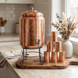 Distributeur d'eau en cuivre pur avec support métallique, récipient de stockage artisanal, conteneur de boissons traditionnel en cuivre pour la consommation quotidienne - Product Image 6