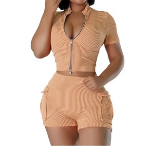 Plus Size Women's Striped Knitted Crop <b>Top</b> Set Short Sleeve V-Neck Shorts Outfit Summer Casual Wear - Product Image 3