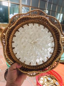 Mosaic Rattan Serving Tray with Mother Pearl Inlay Round Wicker Tray for Dinning <b>Table</b> Natural Boho <b>Table</b> Decor, Rustic Gift - Product Image 2