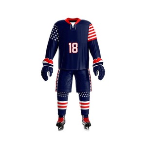 Ensemble uniforme de hockey sur glace USA, motif drapeau sublimé, 100 % polyester, évacuation de l'humidité, respirant, coupe ample personnalisée pour homme, sport - Product Image 3