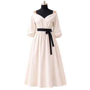 Elegante Vestido Midi de Lino y Algodón Blanco con Hombros Descubiertos para Mujer, Vestidos de Fiesta con Mangas Abullonadas y Fluídas, con Cinturón Negro en la Cintura - Product Image 1