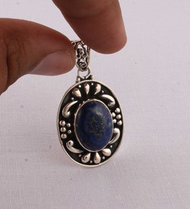 Pendentif en argent sterling 925 avec pierre précieuse naturelle Lapis Lazuli, cabochon ovale serti clos, style vintage Bali, breloque de 18 pouces, vente en gros - Product Image 4