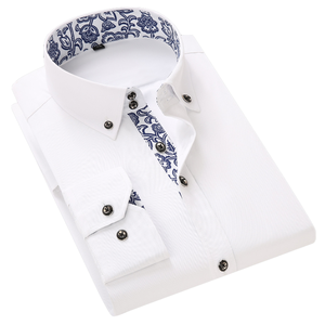 Chemise habillée pour homme à col boutonné, manches longues, tenue de bureau formelle, garniture florale, popeline tissée, respirante pour le printemps - Product Image 1