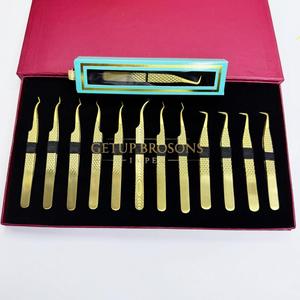 GETUP BROSONS – Kit de pinces à cils en acier inoxydable plaqué or, pointe de précision lisse, prise diamantée, 10 mm, 10 pièces, emballage boîte - Product Image 2
