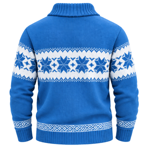 <b>Mens</b> Blue Fair Isle 100% Cotton Sweater Shawl Front Breathable <b>Long</b> <b>Sleeve</b> Geometric Pattern Knitted Pullover Winter Wholesale - Product Image 2