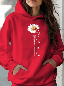 Sudaderas con capucha para mujer, nueva calidad, cálidas y holgadas para otoño e invierno, con estampado de girasoles, de terciopelo, de manga larga. - Product Image 4