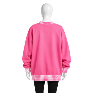 Mens Baby <b>Pink</b> Oversized Crewneck <b>Sweatshirt</b> With Gingham Check Collar And Cuffs Long Sleeve Graphic Pullover Casual Streetwear - Product Image 2