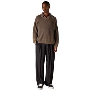 <b>Men</b> Heavy Washed Rib Knit Polo Sweater <b>Brown</b> Long Sleeve Soft Textured Pullover Casual Winter Top Cotton Blend OEM - Product Image 6