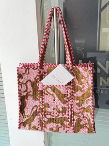 Block Print Quilted Cotton Tote Red & Blue Floral Travel Shopper Shoulder Grocery <b>Boho</b> Travel <b>Bags</b> for Women - Product Image 2
