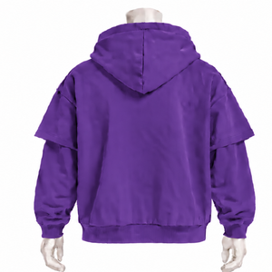 Sweat à capuche violet double couche, coupe oversize, manches superposées, épaules tombantes, coupe décontractée, style streetwear, en tissu épais - Product Image 2