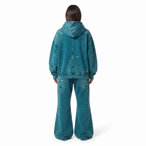 Conjunto de dos piezas para mujer: Sudadera con capucha de cremallera completa con lavado ácido y efecto desgastado, y jogger de pierna ancha acampanada de algodón polar, estilo streetwear. - Product Image 4