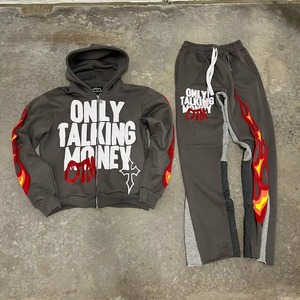 High quality Custom Men's Streetwear Cotton Fleece 320Flared Sweatpants Hoodie <b>Set</b> Custom Printed 100% Cotton Fleece Eco-Friend - Product Image 4