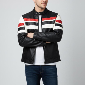 Veste en cuir classique pour homme, style motard, en cuir de vache véritable, fermeture éclair métallique, logo sur le devant, écologique, imperméable - Product Image 2