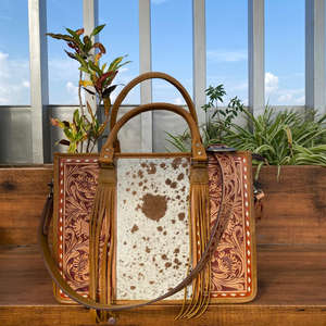 กระเป๋าโท้ทหนังลายดอกไม้สำหรับผู้หญิง, กระเป๋าหนังแท้แบบมีสายคาดตัวกระเป๋าถือหนังวัว - Product Image 3