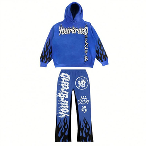 High Quality Winter Hip Hop Thermal Casual Printed Rhinestones Zip Hoodie Distress <b>Pants</b> Tracksuit Custom Two Piece Streetwear - Product Image 1